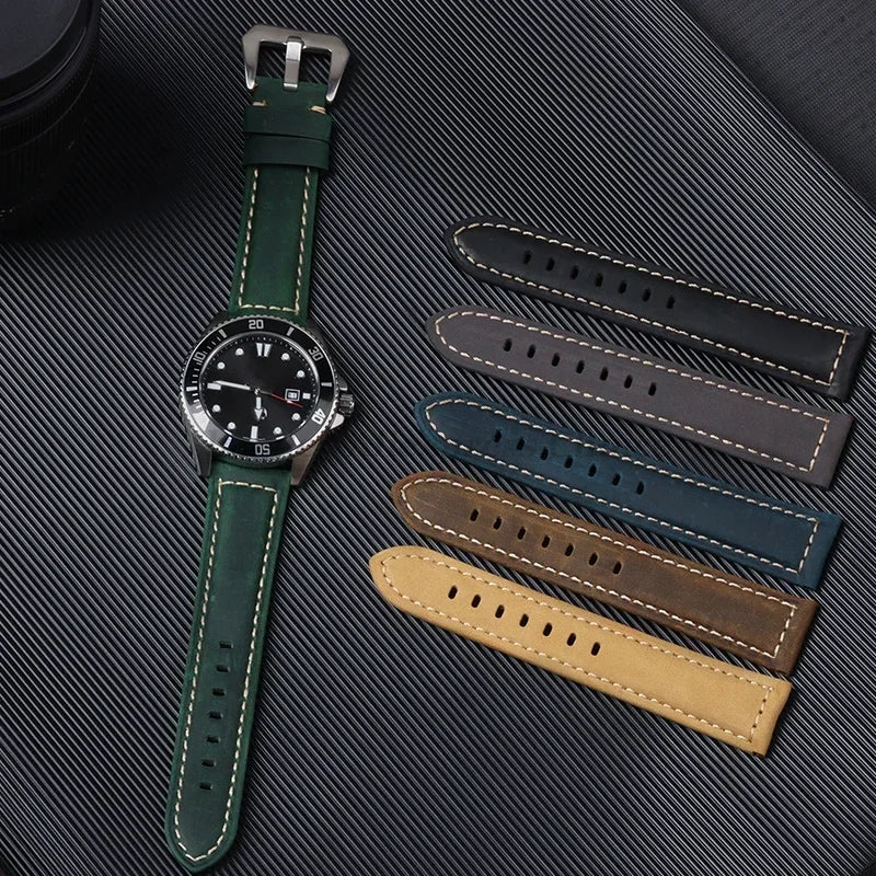 Vintage Leather Watch Strap Replacement Band with Contrast Stitching