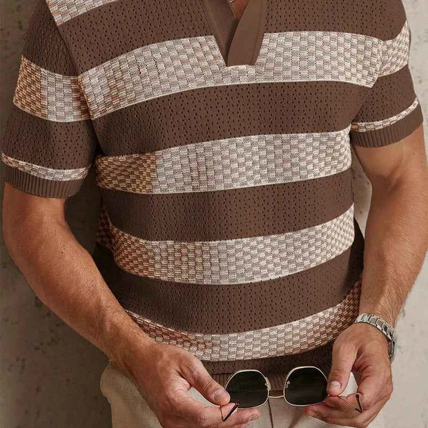 Men’s Striped Knit Polo Shirt with Short Sleeves and Turn-Down Collar