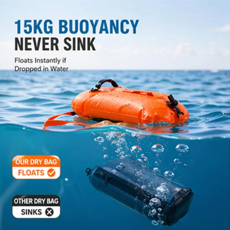 Orange Waterproof Swim Buoy Dry Bag with Touchscreen Phone Pouch and Adjustable Strap