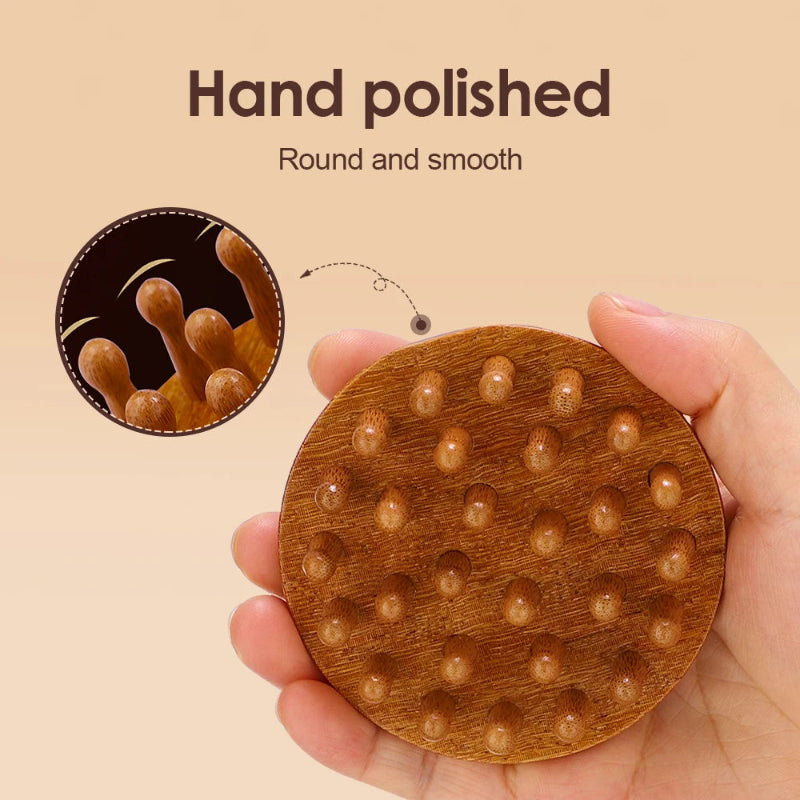 Wooden Body Massage Brush with 28 and 33 Rounded Comb Teeth, Finger Grip Handle & Hand Strap