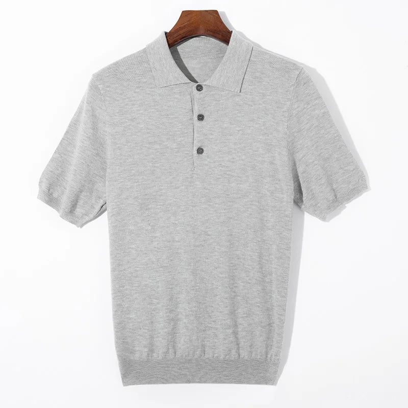 Men’s Short-Sleeve Knit Polo Sweater with Button Placket and Ribbed Hem