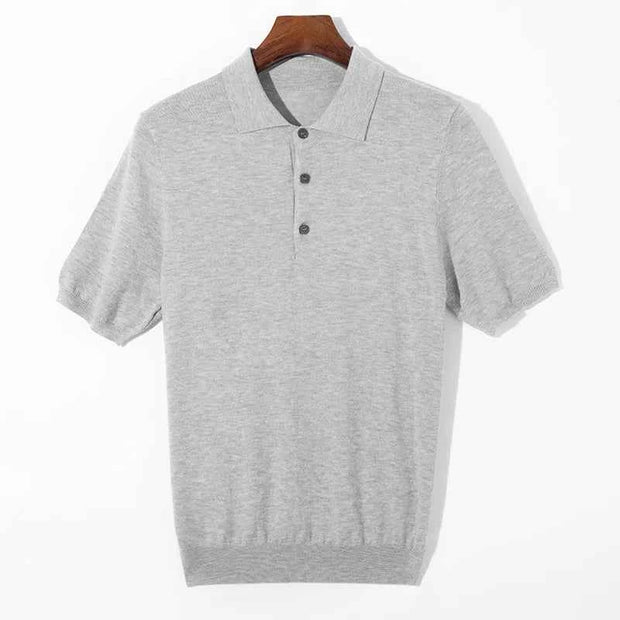 Men’s Short-Sleeve Knit Polo Sweater with Button Placket and Ribbed Hem