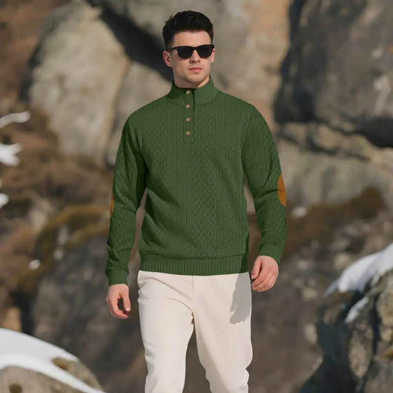 2026 Men’s Casual Jacquard Knit Pullover Sweater with Standing Collar and Elbow Patches