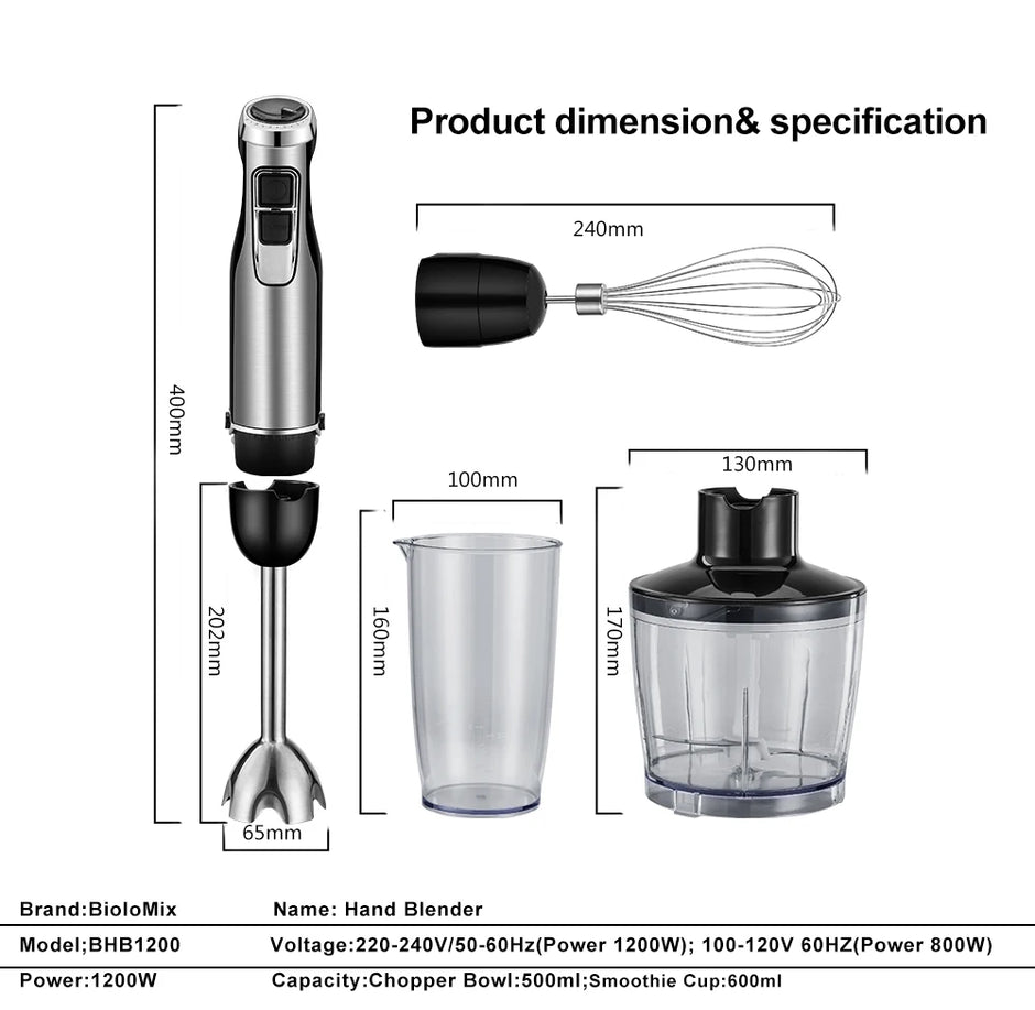 BioloMix 4-in-1 1200W Immersion Hand Stick Blender with Chopper, Whisk, Smoothie Cup and US Plug