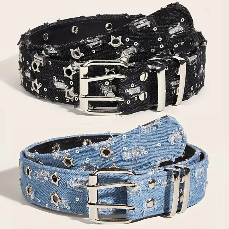 Studded Denim Belt Set with Silver Buckles