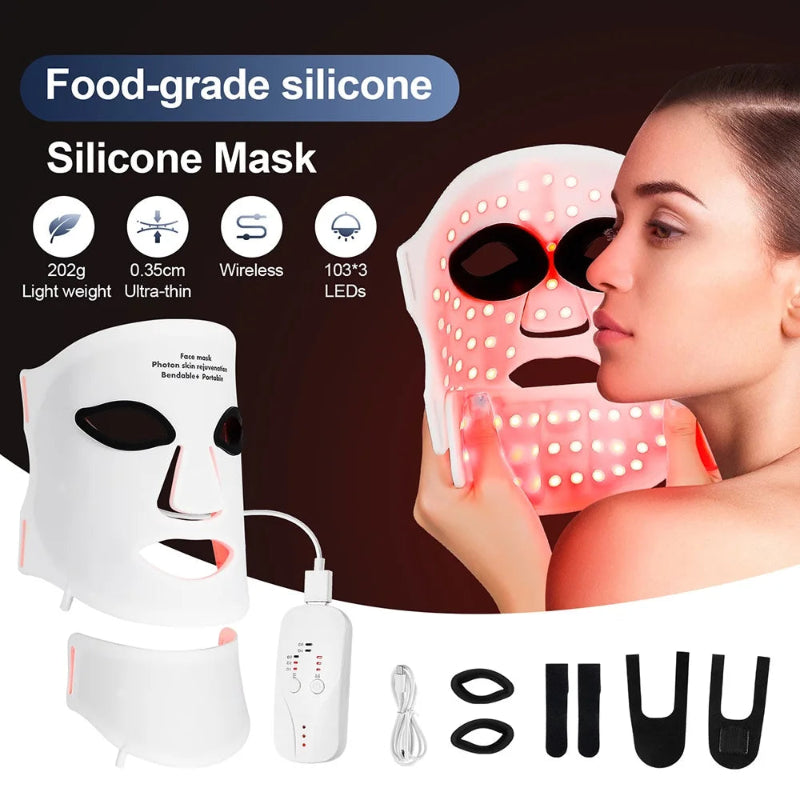 Silicone LED Face & Neck Mask – 7 Color Photon LED Red Light Infrared Therapy Facial Mask for Skin Care