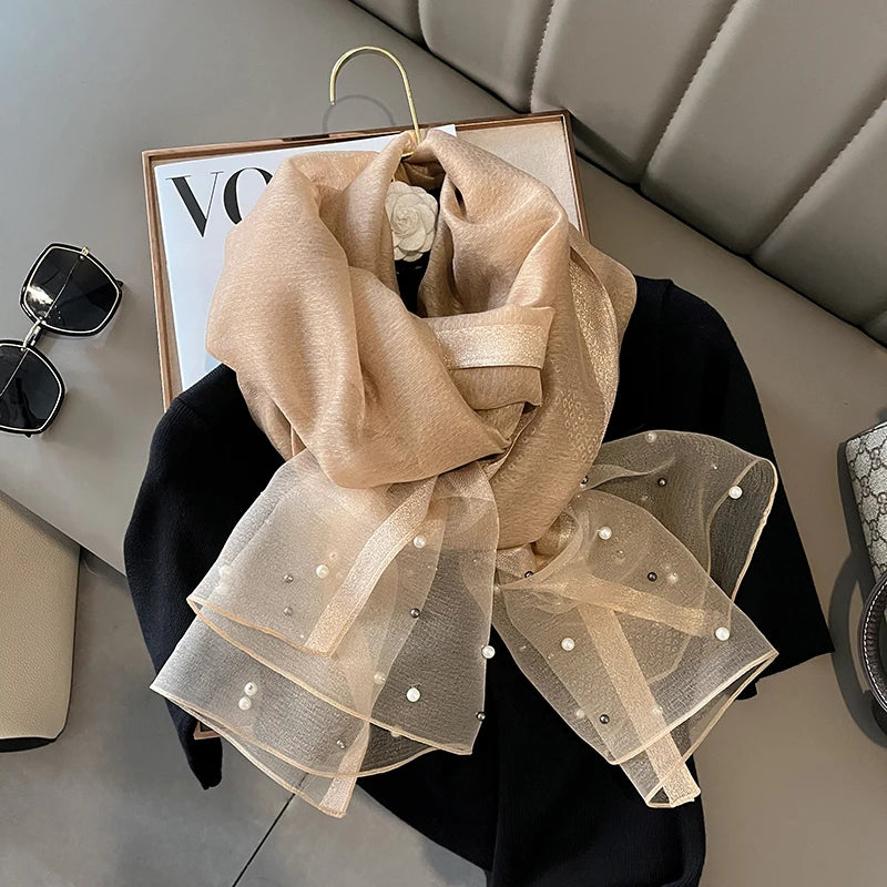 Women’s Pearl Detail Sheer Scarf Wrap for Neck and Shoulder Styling