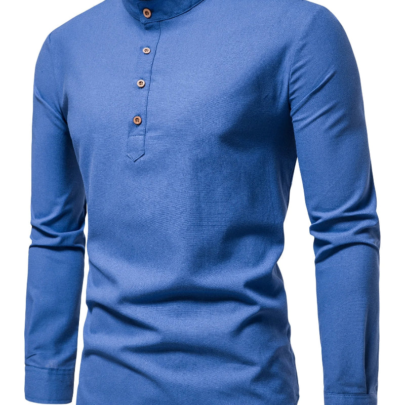Men’s Long Sleeve Mandarin Collar Button Shirt with Multiple Color Options