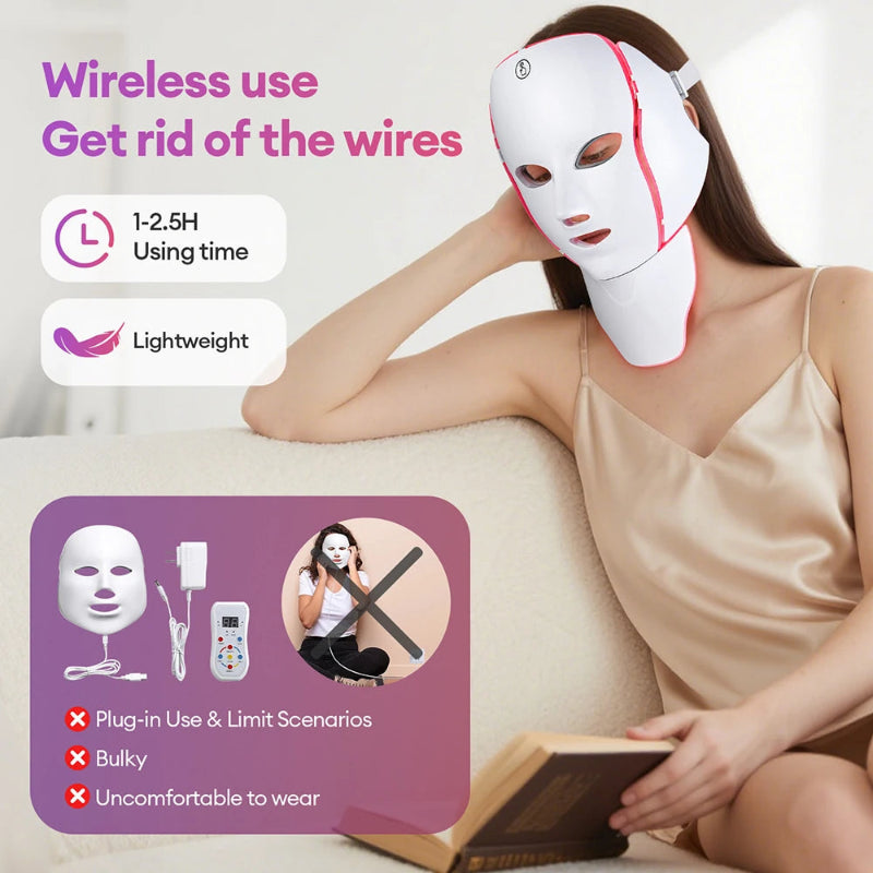 7-Color LED Face & Neck Mask with 138+3 LEDs – Wireless Rechargeable Light Therapy Beauty Device