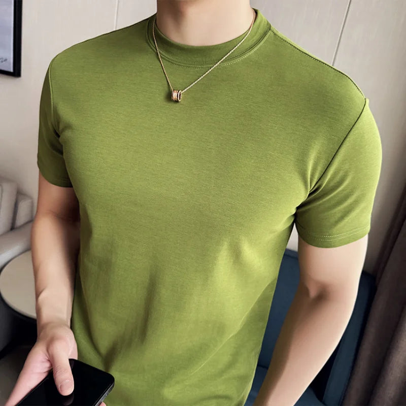 HANKANON Men’s Slim-Fit Short-Sleeve High-Neck 85% Cotton Stretch T-Shirt