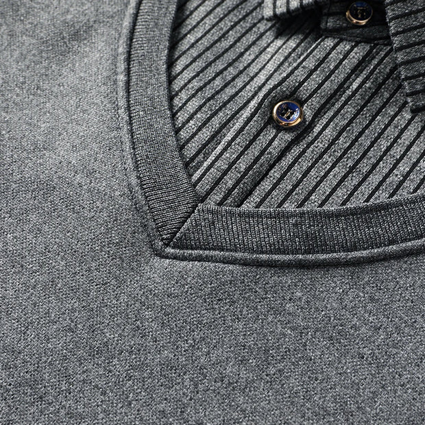 Men's Fleece Lined Polo Collar Pullover Sweater Two Piece Style Winter Casual Top