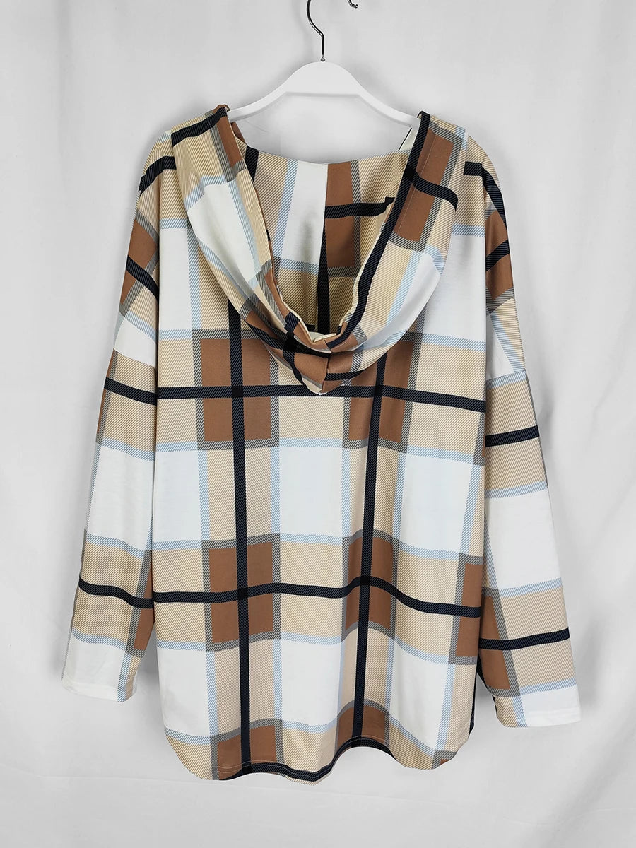 Women's Plus Size Plaid Hooded Tunic – Long Sleeve Drawstring Pullover Top