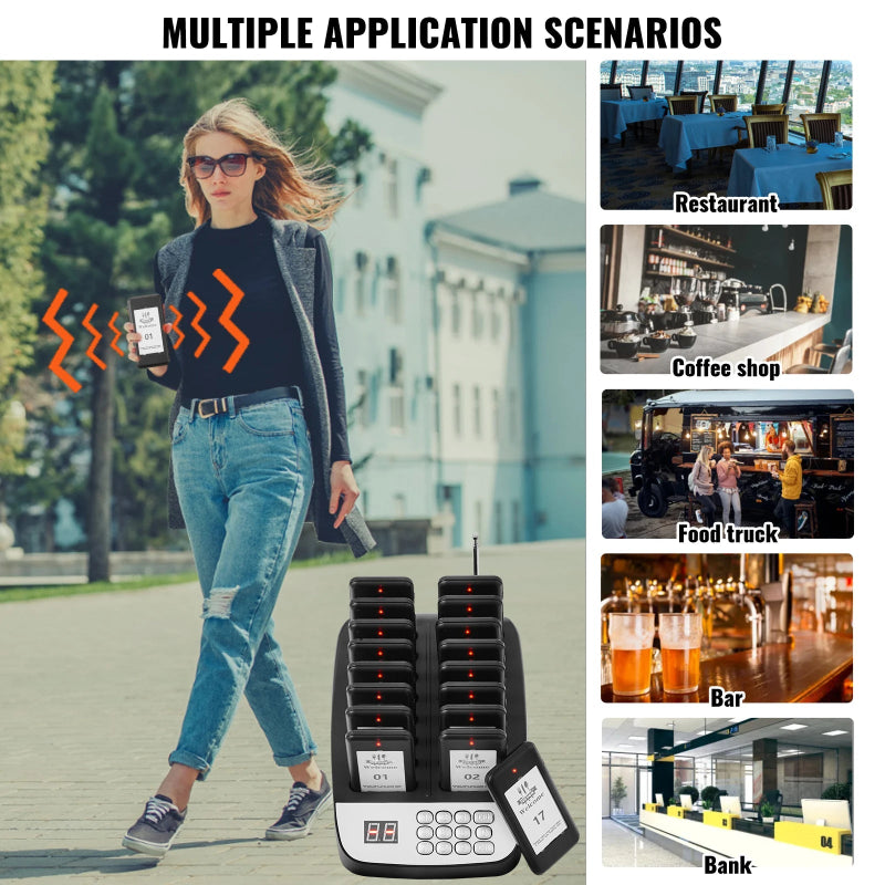 VEVOR 20-Pager Wireless Restaurant Paging System with 3 Alert Modes, 500m Range and Charging Base