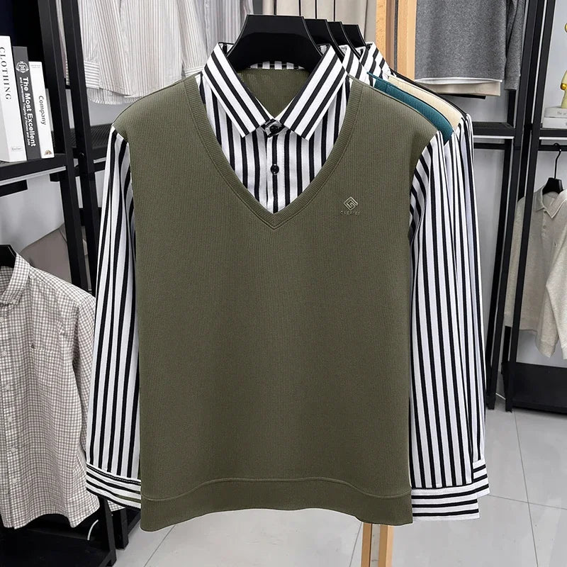 Men’s Business Casual Striped Long Sleeve Shirt with Sweater Vest – Fake Two-Piece Top