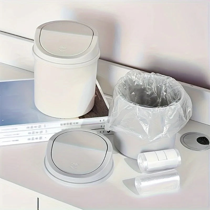 Mini Desktop Trash Can with Lid – Cylindrical Tabletop Waste Bin for Office & Coffee Bar