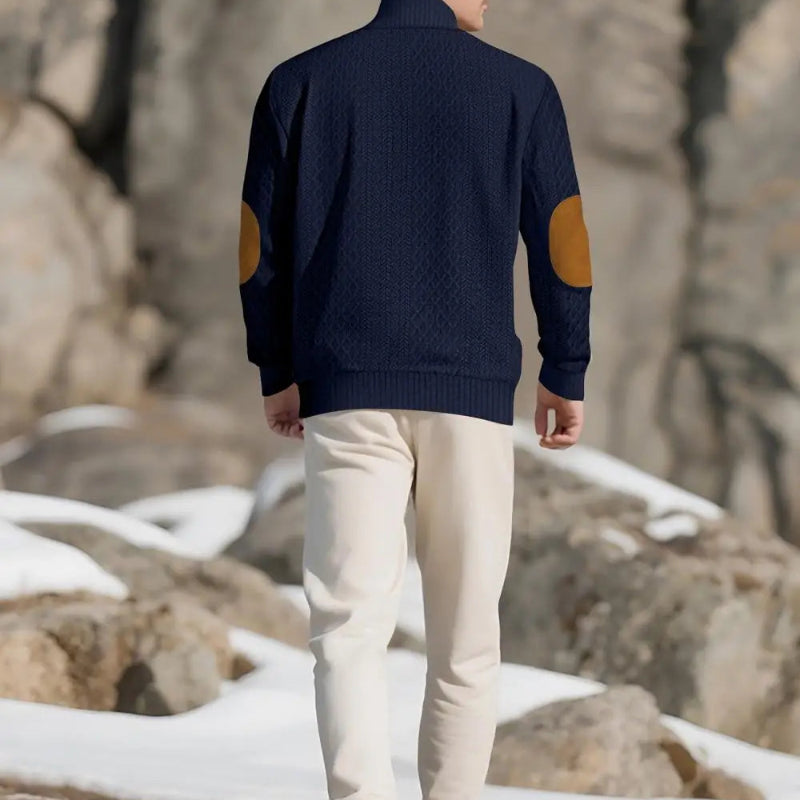 2026 Men’s Casual Jacquard Knit Pullover Sweater with Standing Collar and Elbow Patches