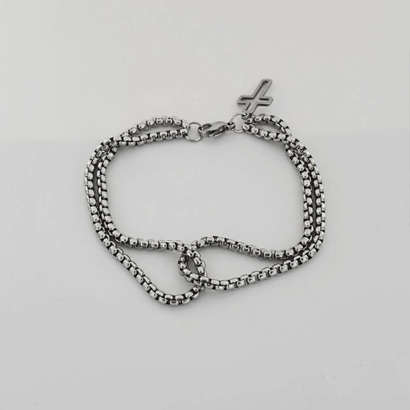 Cross Charm Layered Bracelet – Silver-Tone Beaded Chain Wrist Bracelet