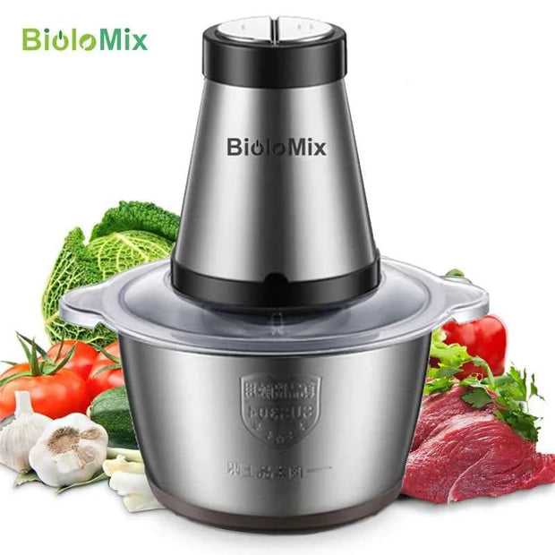 BioloMix 500W 2L Stainless Steel Electric Food Chopper with 2 Speeds, Extra Blade, Meat Grinder and Mincer – 110V US Plug