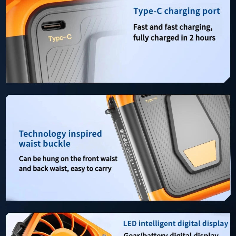 Rechargeable Waist Clip Cooling Fan with 150 Speeds, Digital Display, LED Light and Power Bank