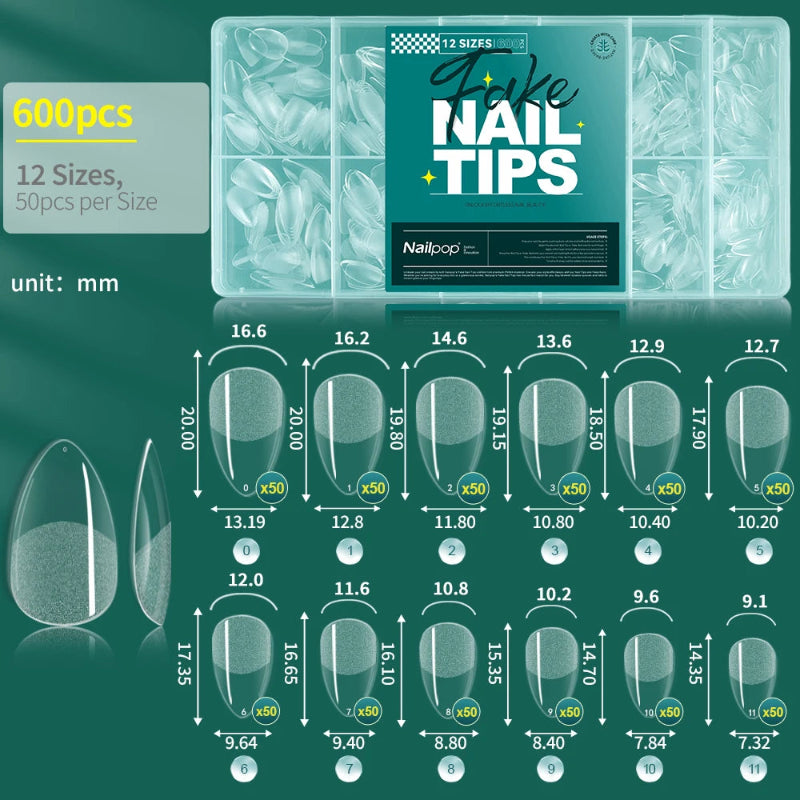 Nailpop Half Matte Gel Nail Tips – 600 Pieces Box, 12 Sizes