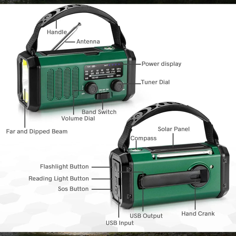 STONEGO Solar Hand Crank Emergency Radio – AM/FM NOAA, USB-C Charging, LED Flashlight, SOS Alarm & Compass