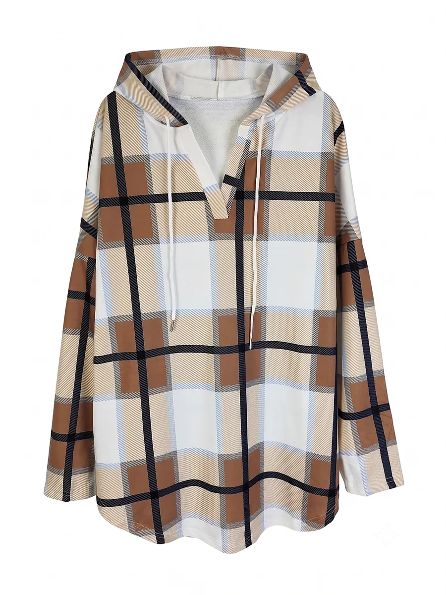 Women's Plus Size Plaid Hooded Tunic – Long Sleeve Drawstring Pullover Top