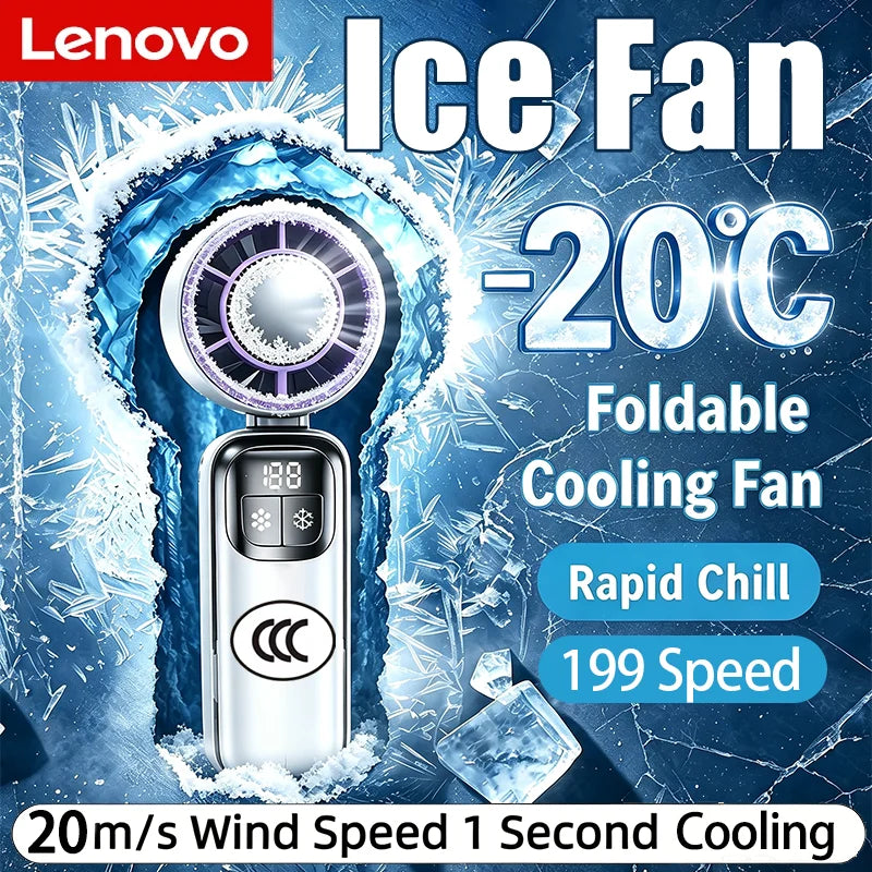 Lenovo 199-Speed Foldable Ice Cooling Handheld Fan with Type-C Charging & Digital Display