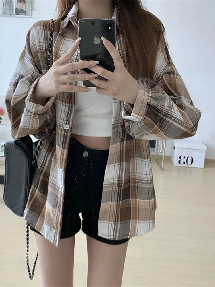 Women's Plaid Button-Up Shirt – Long Sleeve Loose Fit Casual Blouse