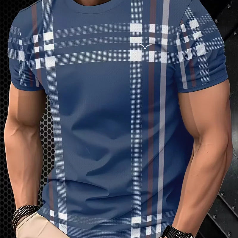 Men’s Geometric Striped & Plaid Short Sleeve T-Shirt with Size Guide