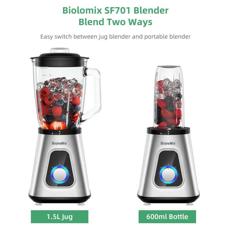 BioloMix 1300W Smoothie Maker with 1.5L Glass Jar, Personal Blending Bottle and US Plug