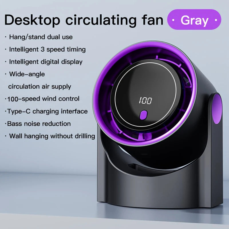 100-Speed Handheld Turbo Cooling Fan with Digital Display, Desktop Stand, Neck Strap & Type-C Charging