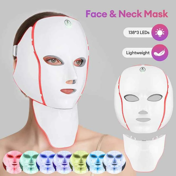 7-Color LED Face & Neck Mask with 138+3 LEDs – Wireless Rechargeable Light Therapy Beauty Device