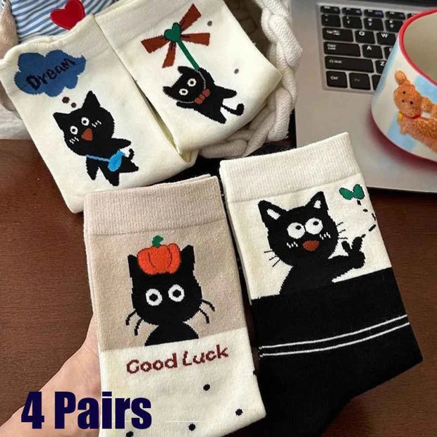 4 Pairs Mid-calf Socks Spring Cat Korean-style Cute Socks with Personality Polka Dots INS Stacked Socks for All Seasons