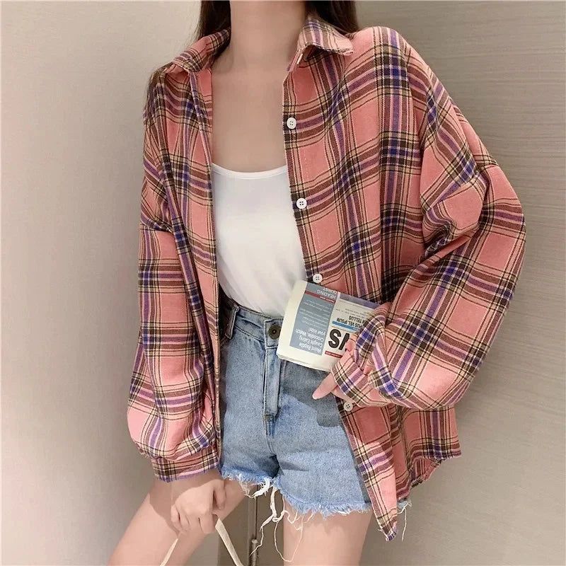 Women's Plaid Button-Up Shirt – Long Sleeve Loose Fit Casual Blouse