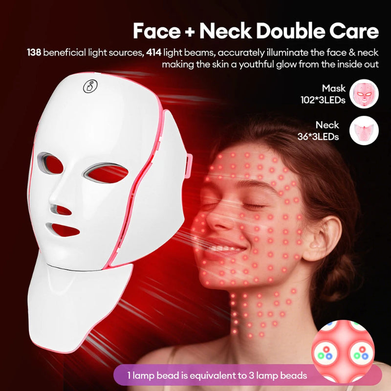 7-Color LED Face & Neck Mask with 138+3 LEDs – Wireless Rechargeable Light Therapy Beauty Device