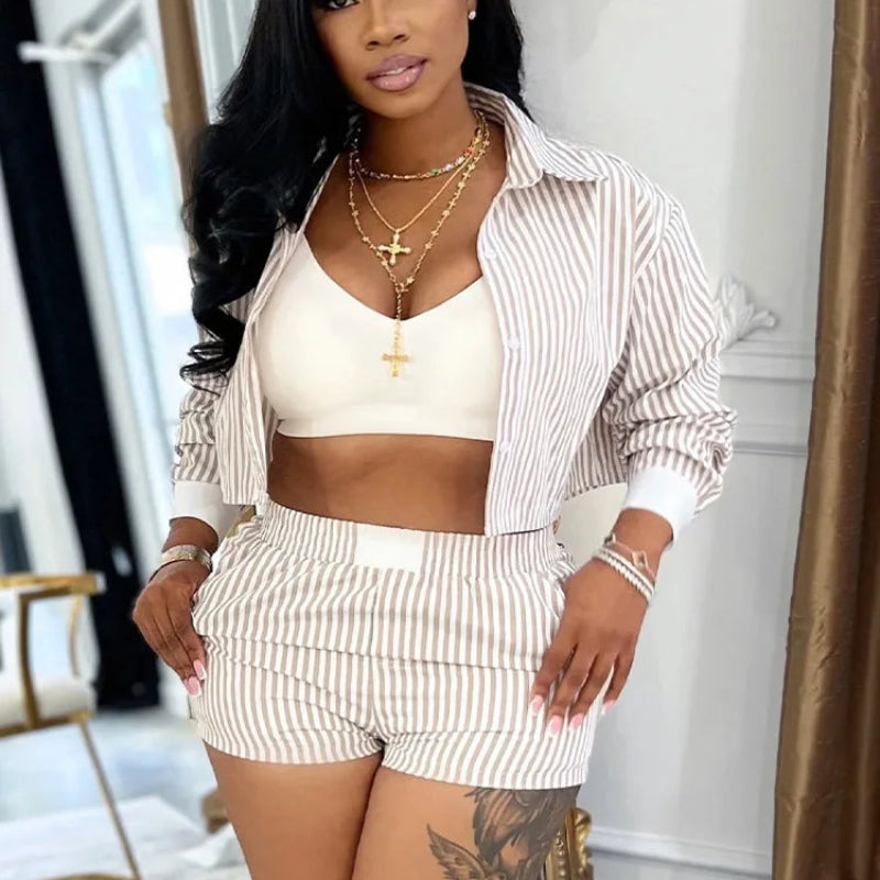 Striped Button-Up Crop Top & Shorts Set