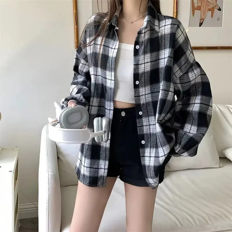 Women's Plaid Button-Up Shirt – Long Sleeve Loose Fit Casual Blouse