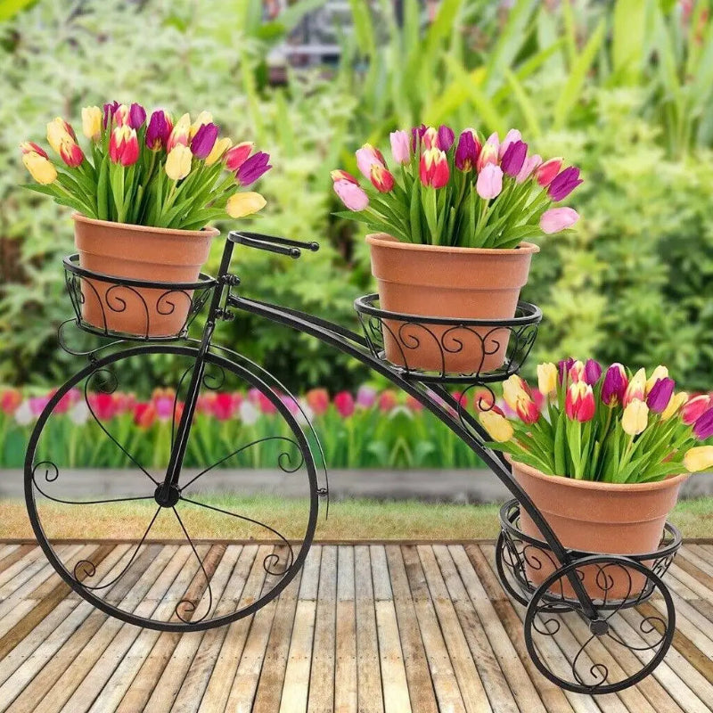 Decorative Bicycle-Shaped Metal Plant Stand with Multiple Pot Holders