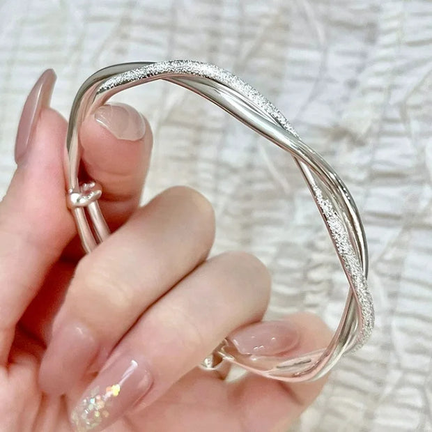 Silver-Tone Twisted Bangle Bracelet – Polished Textured Open Wrist Bracelet