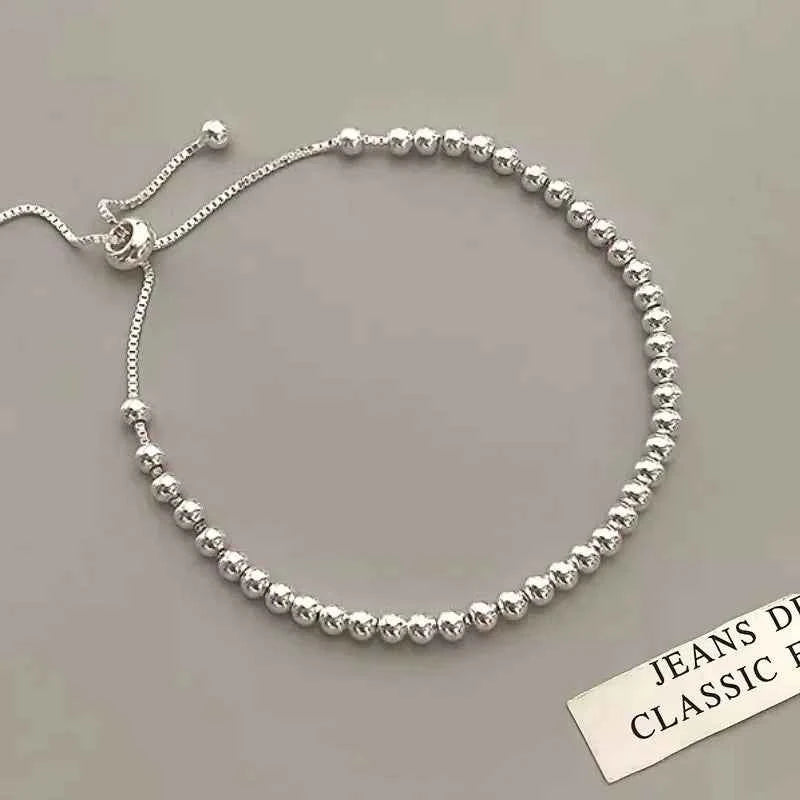 100% Solid 925 Sterling Silver Metal Bracelets for Women Men Beads Adjuatable Handmade Simple Bracelet Birthday Christmas Gift