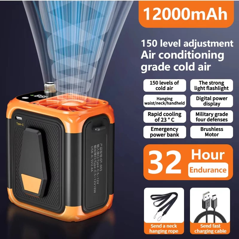 Rechargeable Waist Clip Cooling Fan with 150 Speeds, Digital Display, LED Light and Power Bank