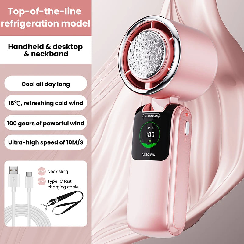 100-Speed Folding Handheld Cooling Fan with TEC Ice Cooling, LED Display & Neck-Hanging Design