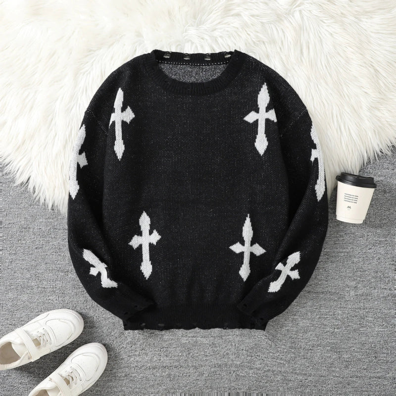 Trendy Distressed Cross Pattern Crew Neck Knit Pullover Sweater