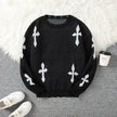 Trendy Distressed Cross Pattern Crew Neck Knit Pullover Sweater