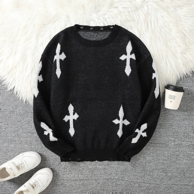 Trendy Distressed Cross Pattern Crew Neck Knit Pullover Sweater