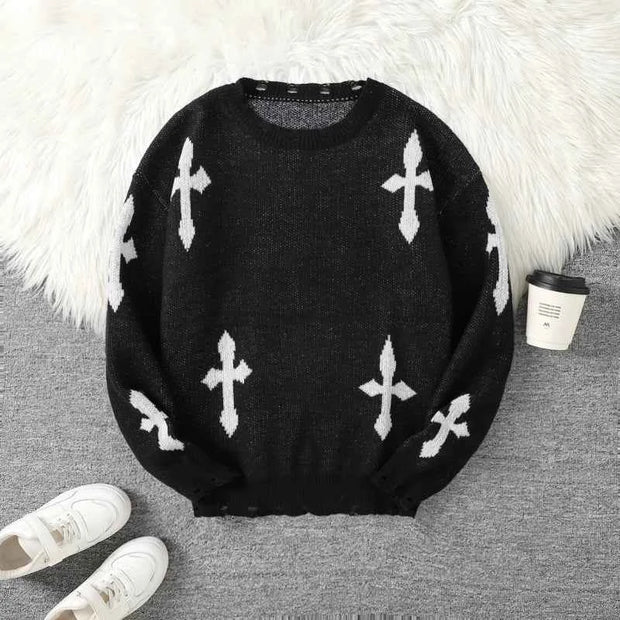 Trendy Distressed Cross Pattern Crew Neck Knit Pullover Sweater