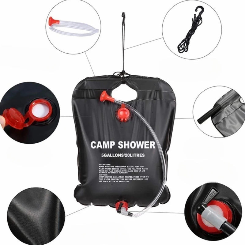 20L Portable Solar Camping Shower Bag with Hose, Shower Head and Hanging Strap