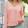 Women's V-Neck Long Sleeve Crop Top – Loose Fit Raw Hem Casual T-Shirt