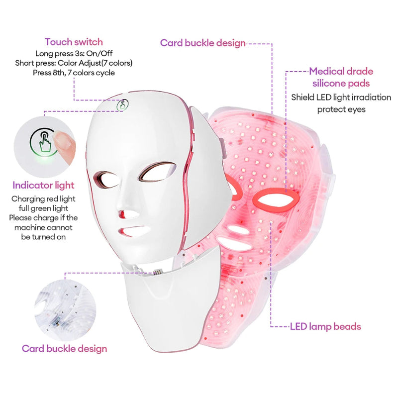 7-Color LED Face & Neck Mask with 138+3 LEDs – Wireless Rechargeable Light Therapy Beauty Device