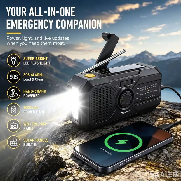Sayin Solar Hand Crank Emergency Radio – 3500mAh Power Bank, AM/FM NOAA, LED Torch & SOS Alarm